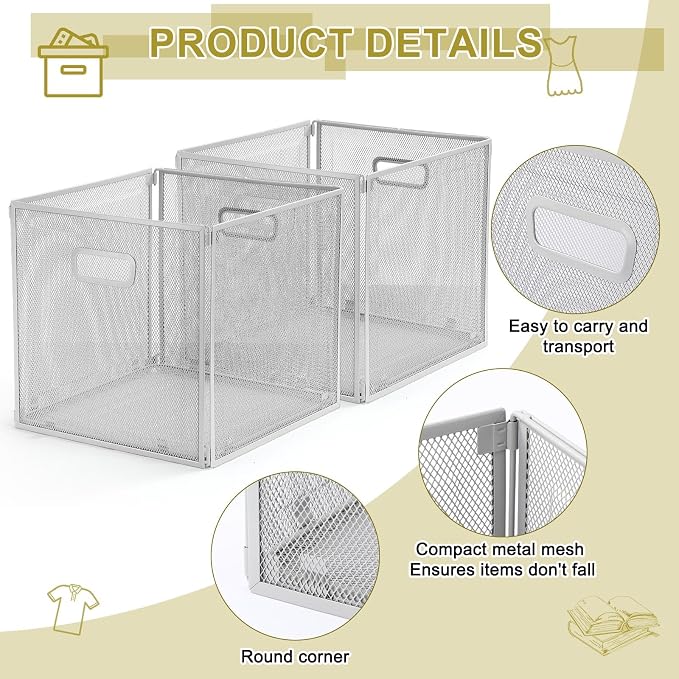 2 Pcs Easter Foldable Metal Cube Storage Baskets 13" x 13" Gray Kitchen Wire - Image 3