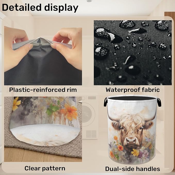 Highland Cow Summer Flowers Large Clothes Hamper Bag - Image 5