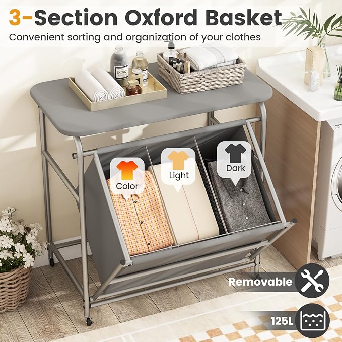 Giantex Laundry Sorter with Foldable Ironing Board, 3 Section Tilt Out Laundry - Image 7