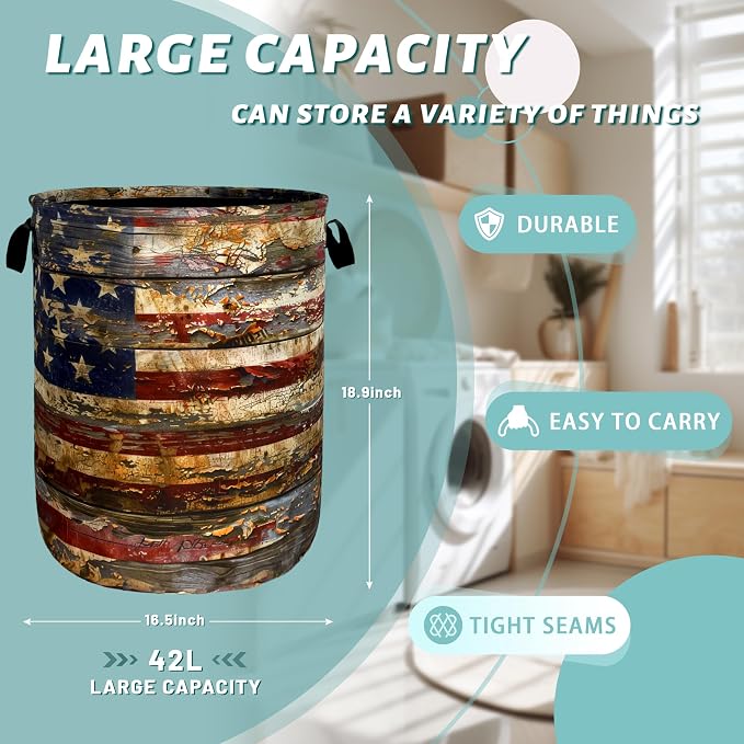 Vintage American Flag Laundry Basket Patriotic Funny Laundry Hamper Foldable - Image 2