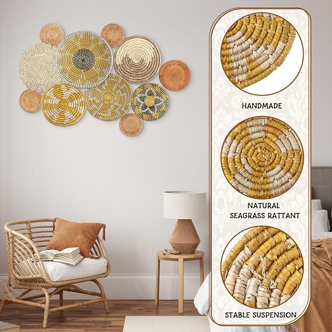 Tatuo 11 Pcs Boho Wall Basket Decor Decorative Bulrush Woven Basket Wall Decor - Image 4