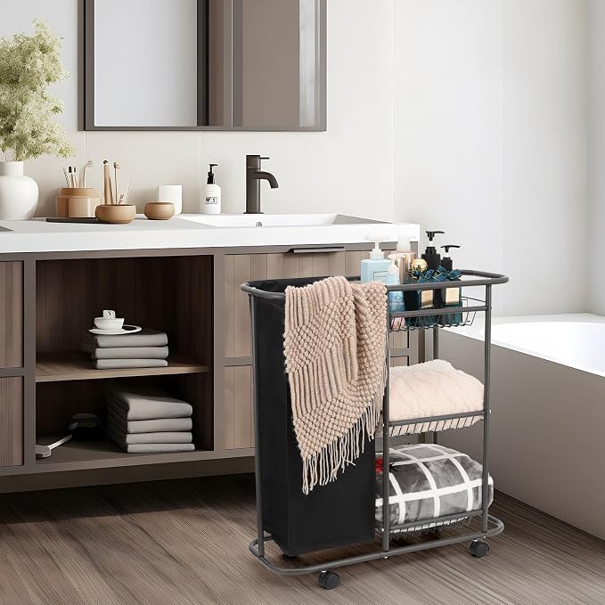 Rolling Laundry Cart with Wheels: 3-Tier Laundry Caddy Between Washer and Dryer - Image 8