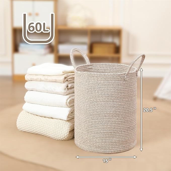 60L Large Woven Laundry Basket Hamper, 100% Natural Cotton Rope, Handwoven & - Image 2
