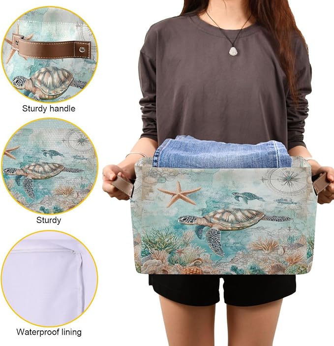 Sea Turtle Storage Basket Fabric Storage Bin Nautical theme Baskets Coastal - Image 5