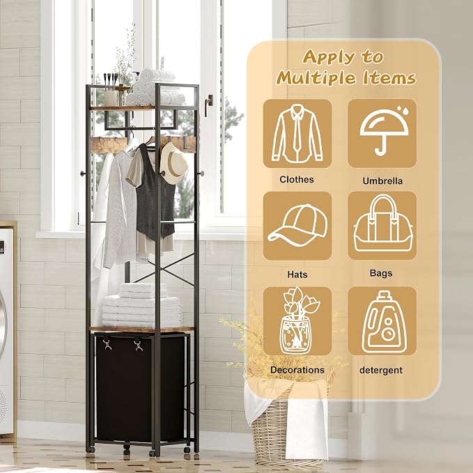 Coat Rack with Laundry Basket, Laundry Hamper Freestanding Hall Tree, Clothes - Image 8