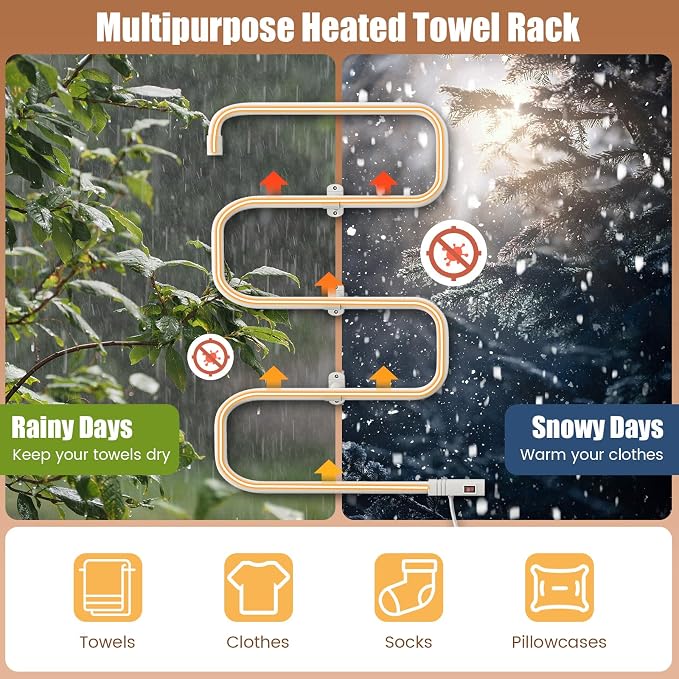 COSTWAY Heated Towel Warmer, Freestanding & Wall-Mounted 5-Bar Drying Rack - Image 5