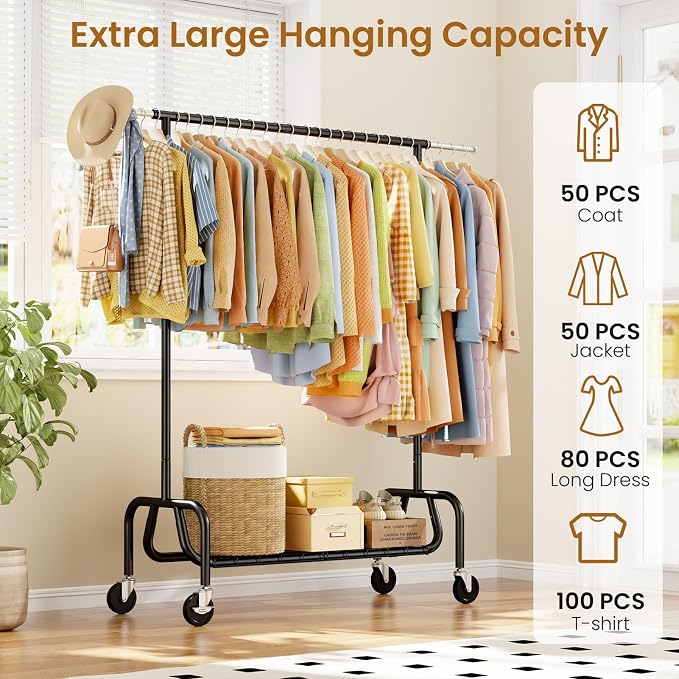 Heavy-duty Clothing Rack with Wheels, Rolling Clothes Rack with Shelf, Clothes - Image 4