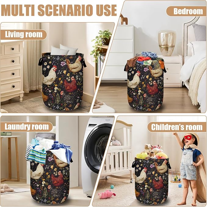 Retro Rooster Flower Laundry Basket, Chicken Laundry Hamper Tote Bag Dirty - Image 7
