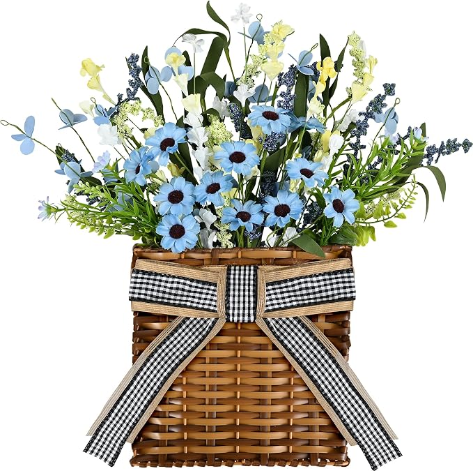 Spring Hanger Basket Wreath for Front Door 15" Blue Daisy Basket Artificial by Kuabiz
