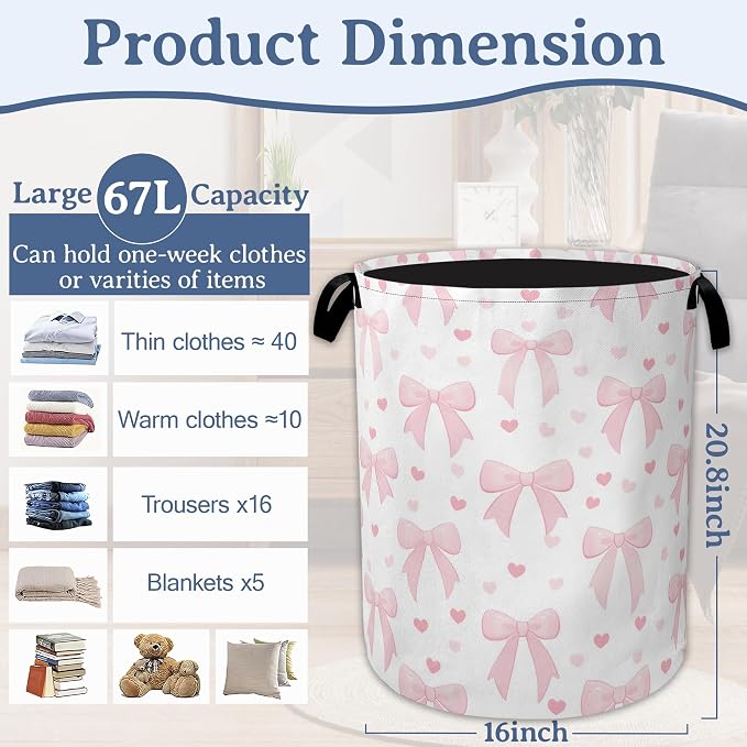 Cute Pink Bow Laundry Basket, Foldable Oxford Cloth Heart Laundry Hamper - Image 2