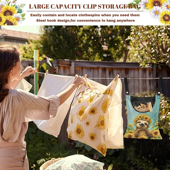 Sloth Sunflowers Clothespin Bag Holder Multi Purpose Hanging Storage Dust-Proof - Image 5