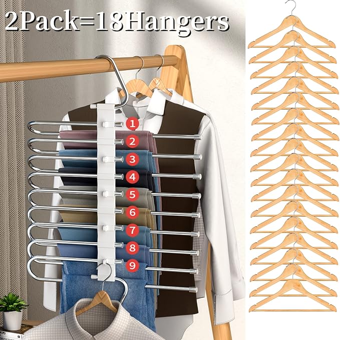 9 Layers Pants Hangers Space Saving, 2 Pack Multifunctional Pant Rack Stainless - Image 3