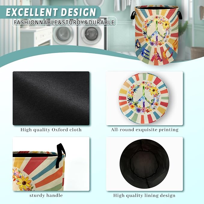 Retro Colorful Hippie Peace Laundry Basket Foldable - Image 4