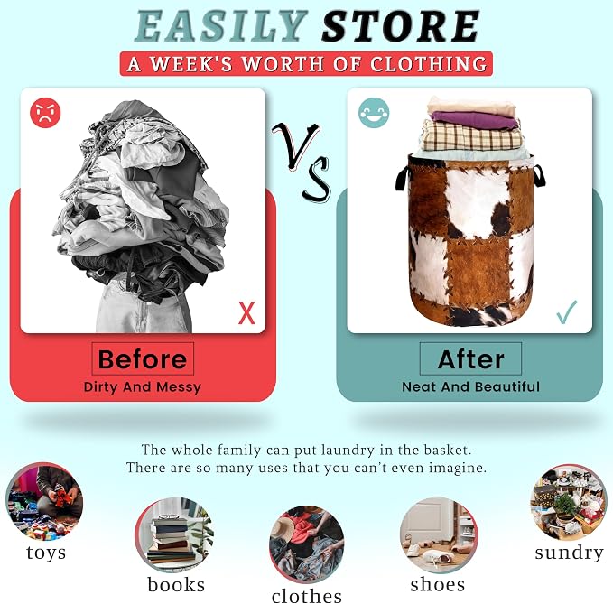 Retro Cows Print Laundry Basket Cow Cowhide Brown Funny Laundry Hamper Foldable - Image 3