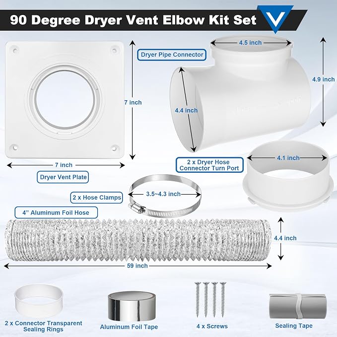 Dryer Vent Connector Kit, 90 Degree Dryer Vent Elbow 4" Dryer Vent Hose - Image 2