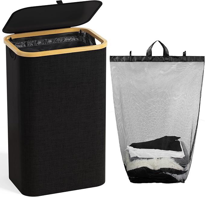 100L Laundry Hamper with Lid, Large Laundry Basket with Bamboo Handles - Image 4