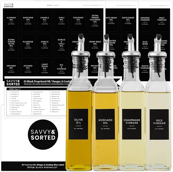 Black Oil Bottle Labels, 54 Preprinted Pantry Stickers by SAVVYSORTED%C2%AE