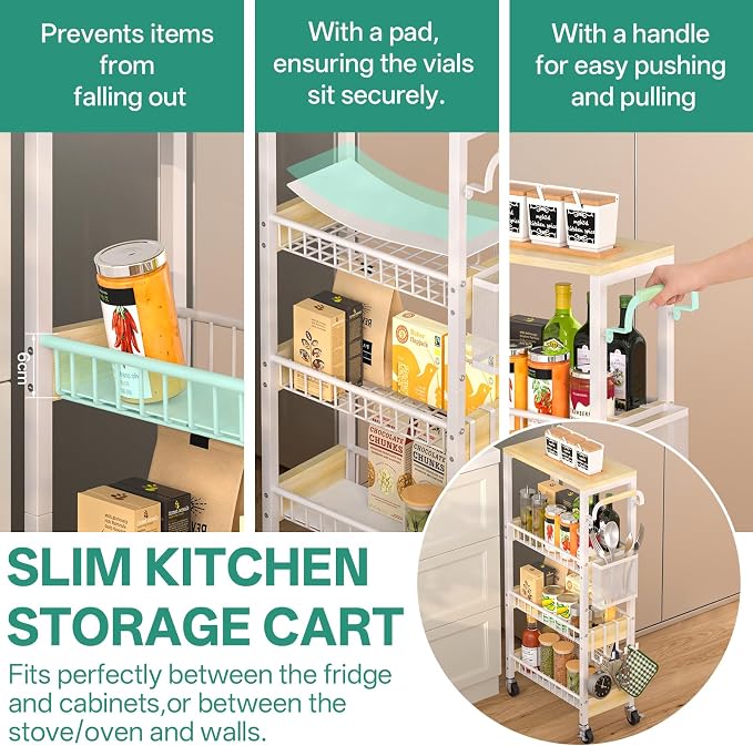 Slim Bathroom Storage Cart, 4 Tier Small Rolling Organizer Cabinet - Image 4