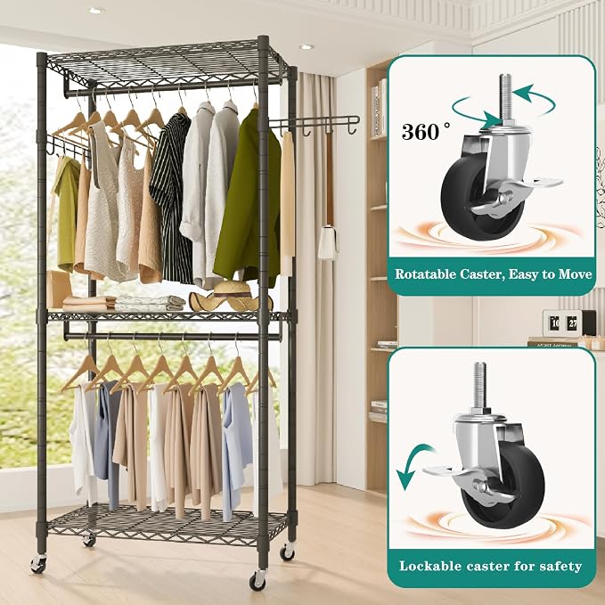 Heavy Duty Rolling Garment Rack, 3 Tiers Wire Shelves Adjustable Freestanding - Image 3