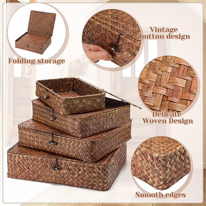 Set of 4 Seagrass Basket with Lid Wicker Storage Basket Decorative Storage - Image 3