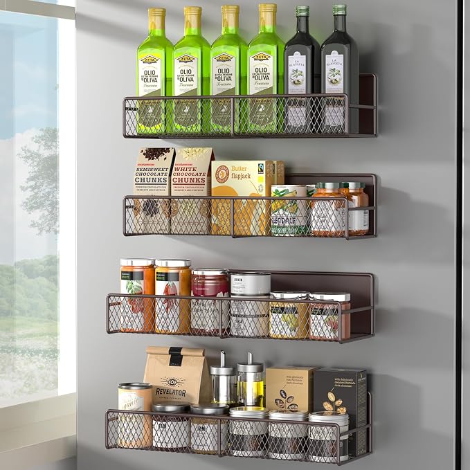Magnetic Spice Rack for Refrigerator, 4 Pack 100% Metal Strong Magnet Fridge by DTUQYX