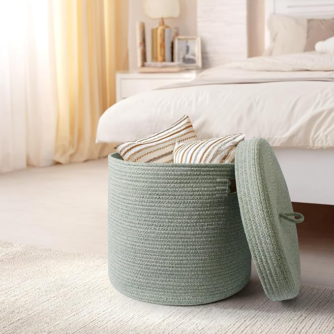 Storage Basket with Lid, Woven Blanket Storage - Image 7