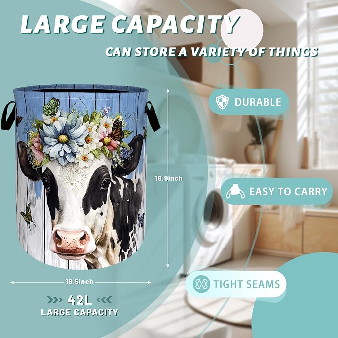 Cute Cow Laundry Basket Foldable Oxford Cloth Animal Cows Laundry Hamper - Image 2