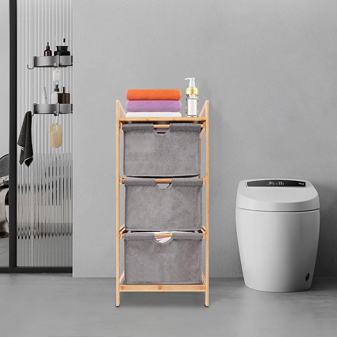 3-Tier Bamboo Hamper w/ 3 Pull Out Drawers, Laundry Room Organization - Image 3