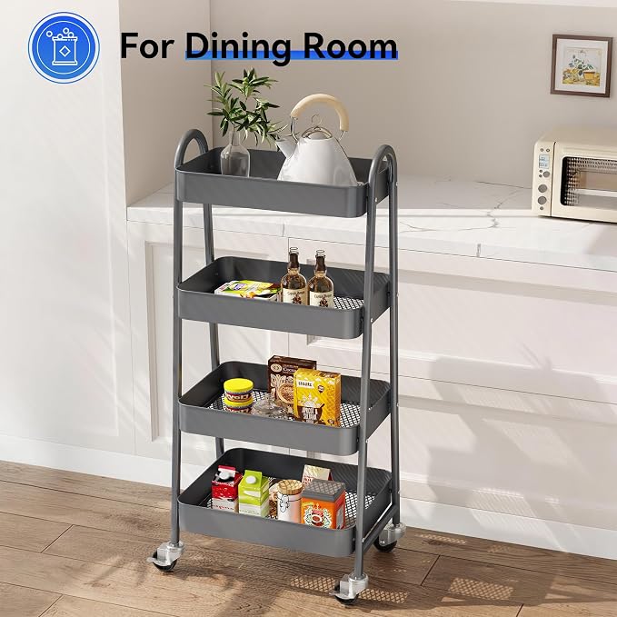 OLIXIS 4 Tier Utility Rolling Cart, Metal Mobile Storage Shelf - Image 6