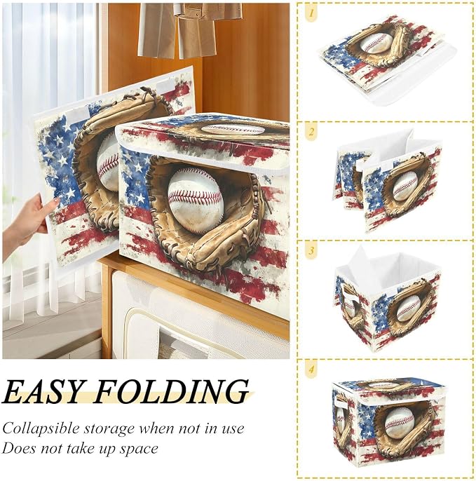 Storage Bin with Lid American Flag Baseball Gloves Storage Box Basket Large - Image 4