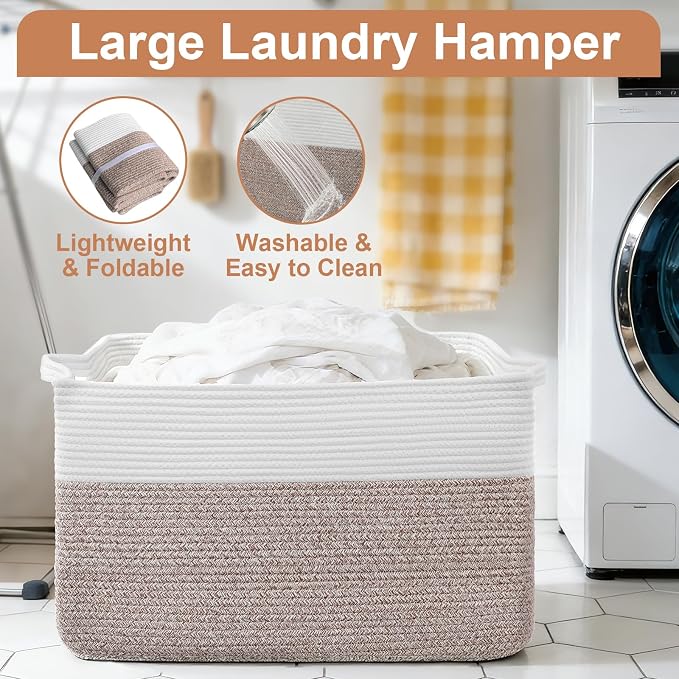 105L XXXL Large Blanket Basket, Rectangular Cotton Rope Basket, Laundry Hamper - Image 5