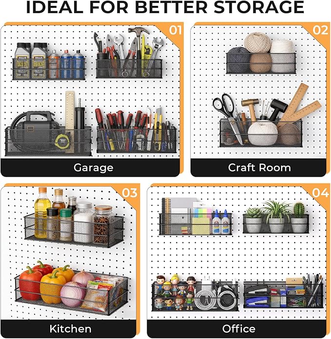 INCLY 4 Pack Upgrade Pegboard Baskets, 4 Sizes Square Style Metal Mesh Pegboard - Image 7