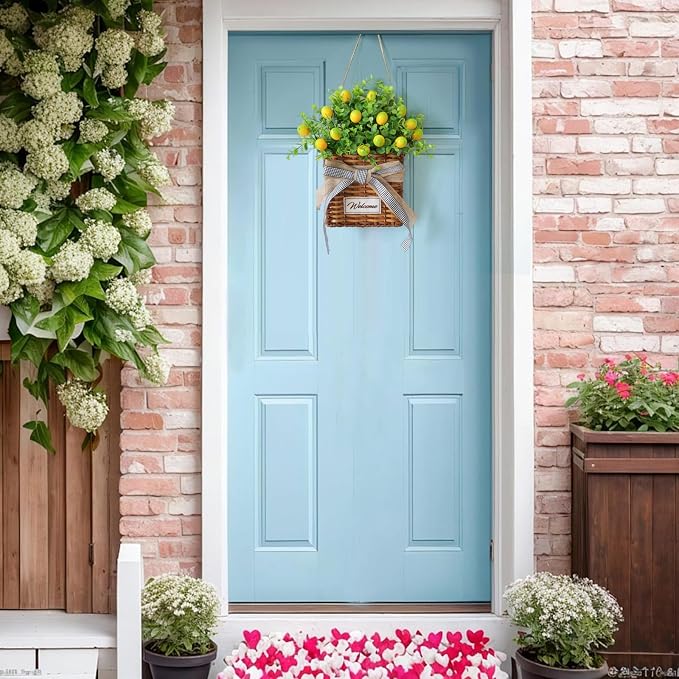 Yellow Lemon Wreath Spring Welcome Door Hanger Basket Wreath, Artificial Spring - Image 3