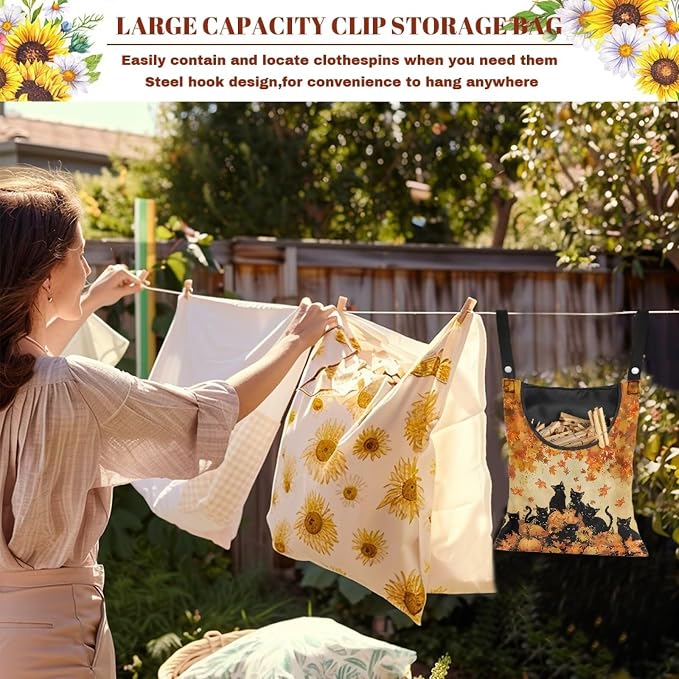 Cat Pumpkin Maple Hanging Clothes Pin Bag Clothespin Storage Organizer Large - Image 5
