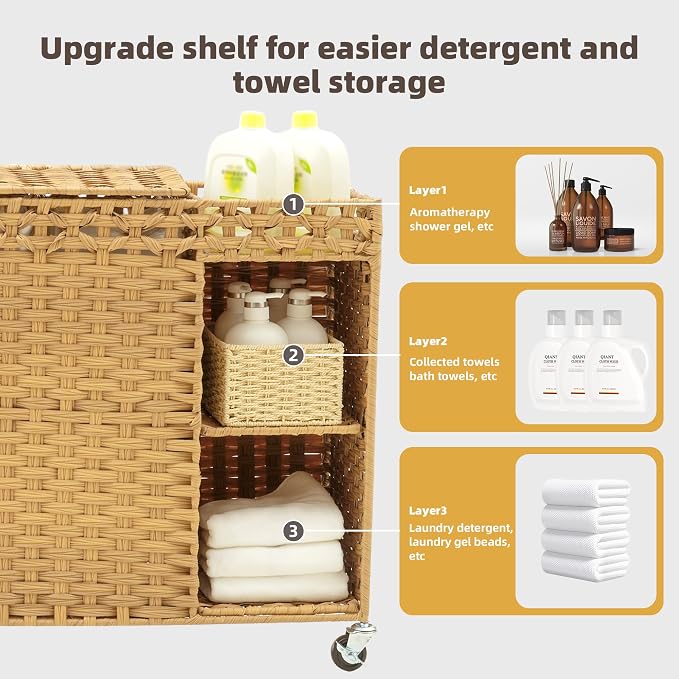 Laundry Hamper with Lid, 160L Rattan Wicker Laundry Basket with Wheels - Image 2
