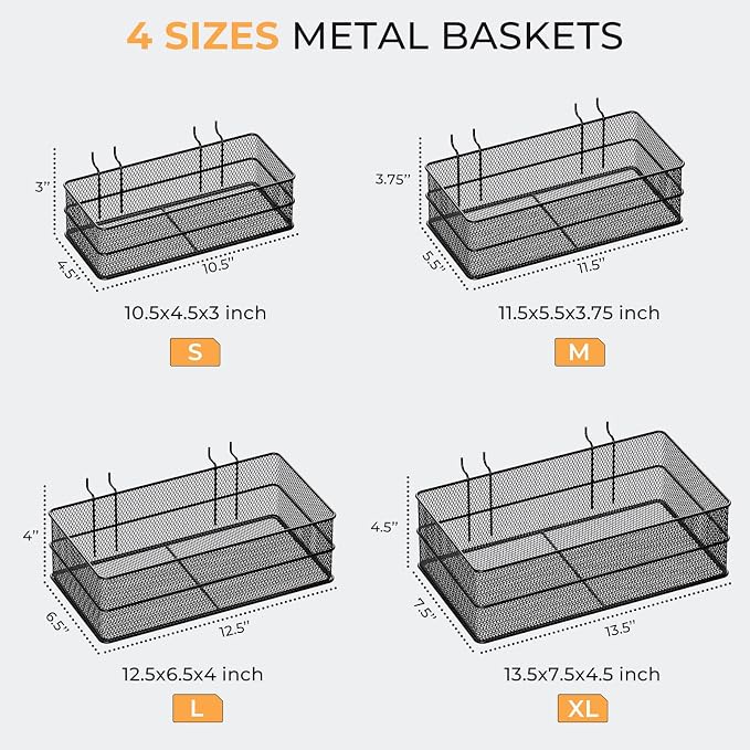 INCLY 4 Pack Upgrade Pegboard Baskets, 4 Sizes Square Style Metal Mesh Pegboard - Image 3