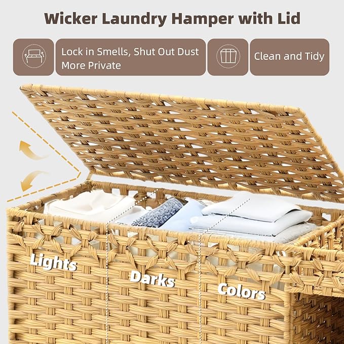 Laundry Hamper with Lid, 160L Rattan Wicker Laundry Basket with Wheels - Image 3
