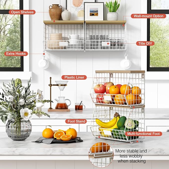 White Fruit Storage Basket for Kitchen Counter Set of 2, Wall Mount Wire Fruit - Image 6