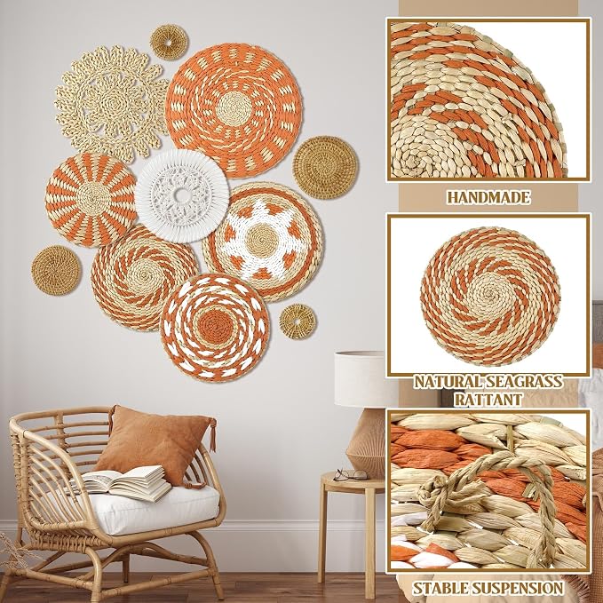 Tatuo 11 Pcs Boho Wall Basket Decor Decorative Bulrush Woven Basket Wall Decor - Image 4