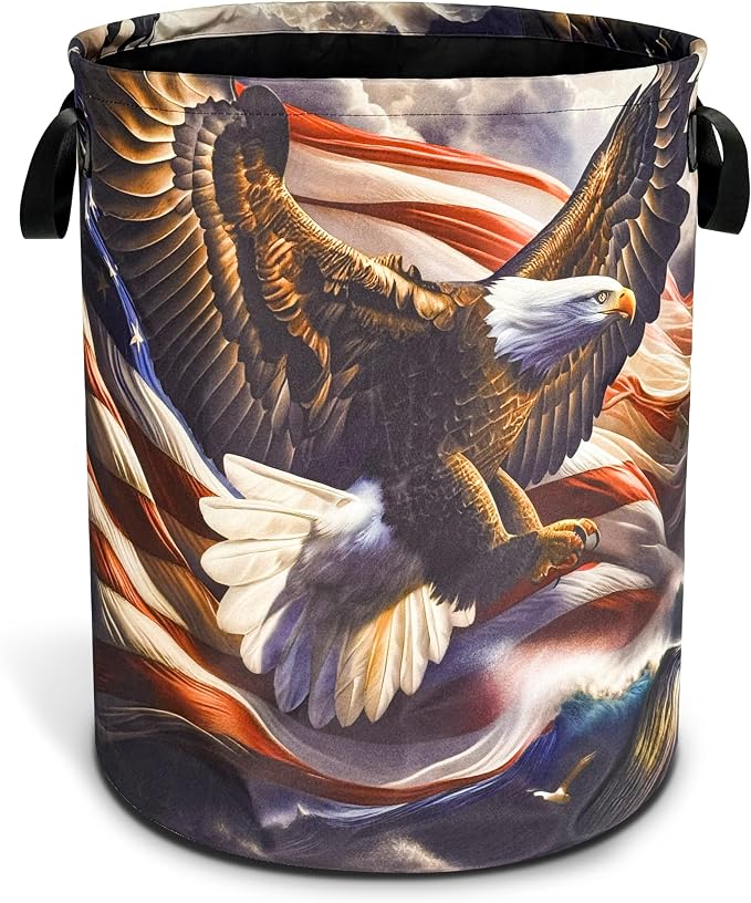 American Flag Bald Eagle Laundry Basket Foldable Oxford Cloth Funny Tote Bag by NUTAINLA