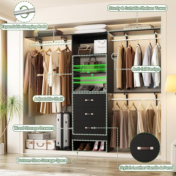 Closet System with Drawer - 8FT Wood Closet Organizer System with 3 Hanging - Image 4