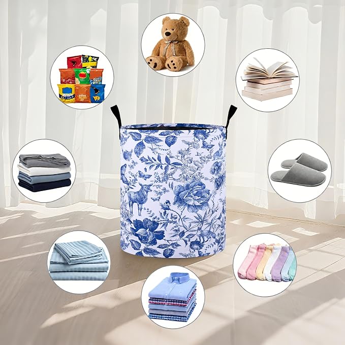 Blue Floral Laundry Basket Foldable Oxford Cloth Tote Bag Laundry Hamper - Image 4