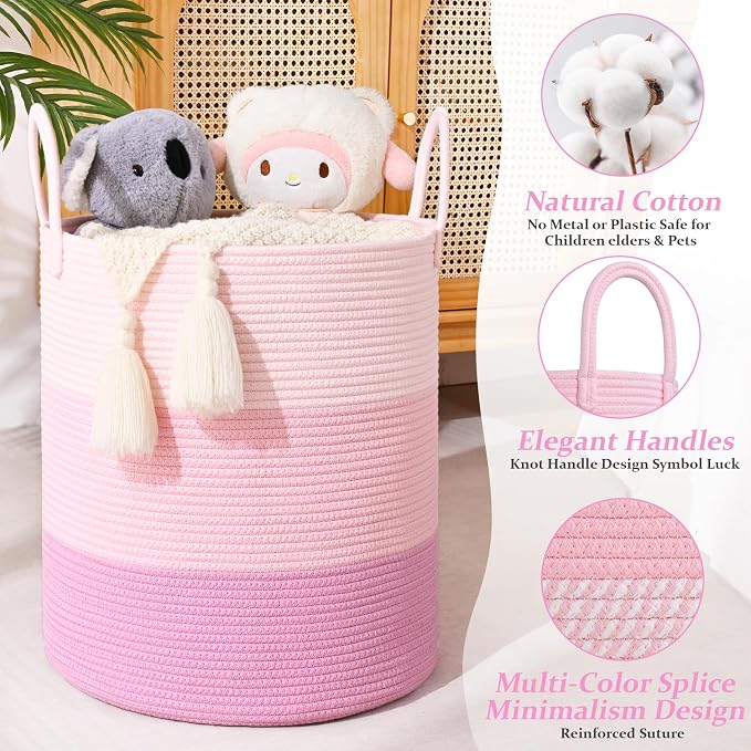 Laundry Hamper for Organizing, 52L Tall Laundry Baskets, Cotton Rope Woven - Image 3