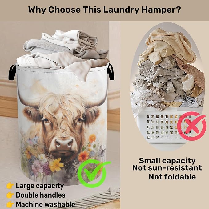 Highland Cow Summer Flowers Large Clothes Hamper Bag - Image 3