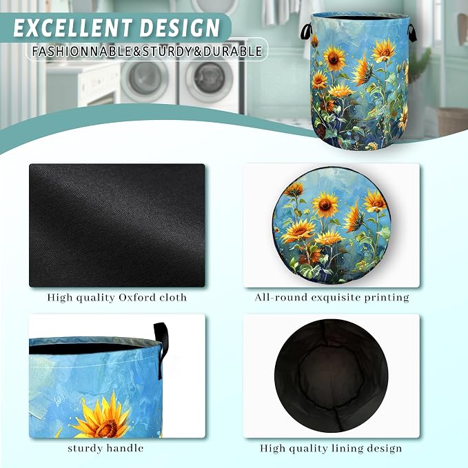 Watercolor Sunflower Laundry Basket Flowers Funny Laundry Hamper Foldable - Image 4