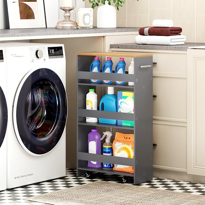 Small Kitchen Cart, 4-Tier Slim Rolling Island w/Handle, Laundry Room Storage - Image 9