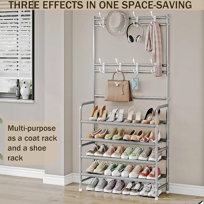 Coat Rack Shoe Rack With Storage Shelf Freestanding with 8 Hooks - Image 3