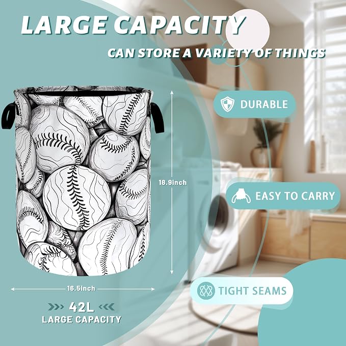 Black White Baseball Pattern Laundry Basket Foldable Oxford Cloth Baseball - Image 2