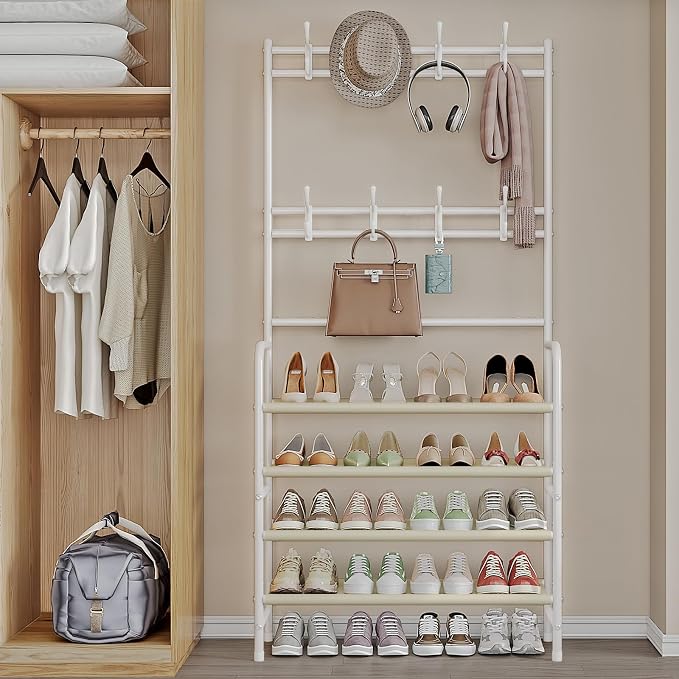 Coat Rack Shoe Rack With Storage Shelf Freestanding with 8 Hooks - Image 6