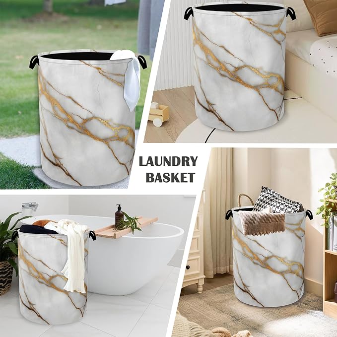 White Gold Marble Laundry Basket, Oxford Cloth Laundry Hamper - Image 4